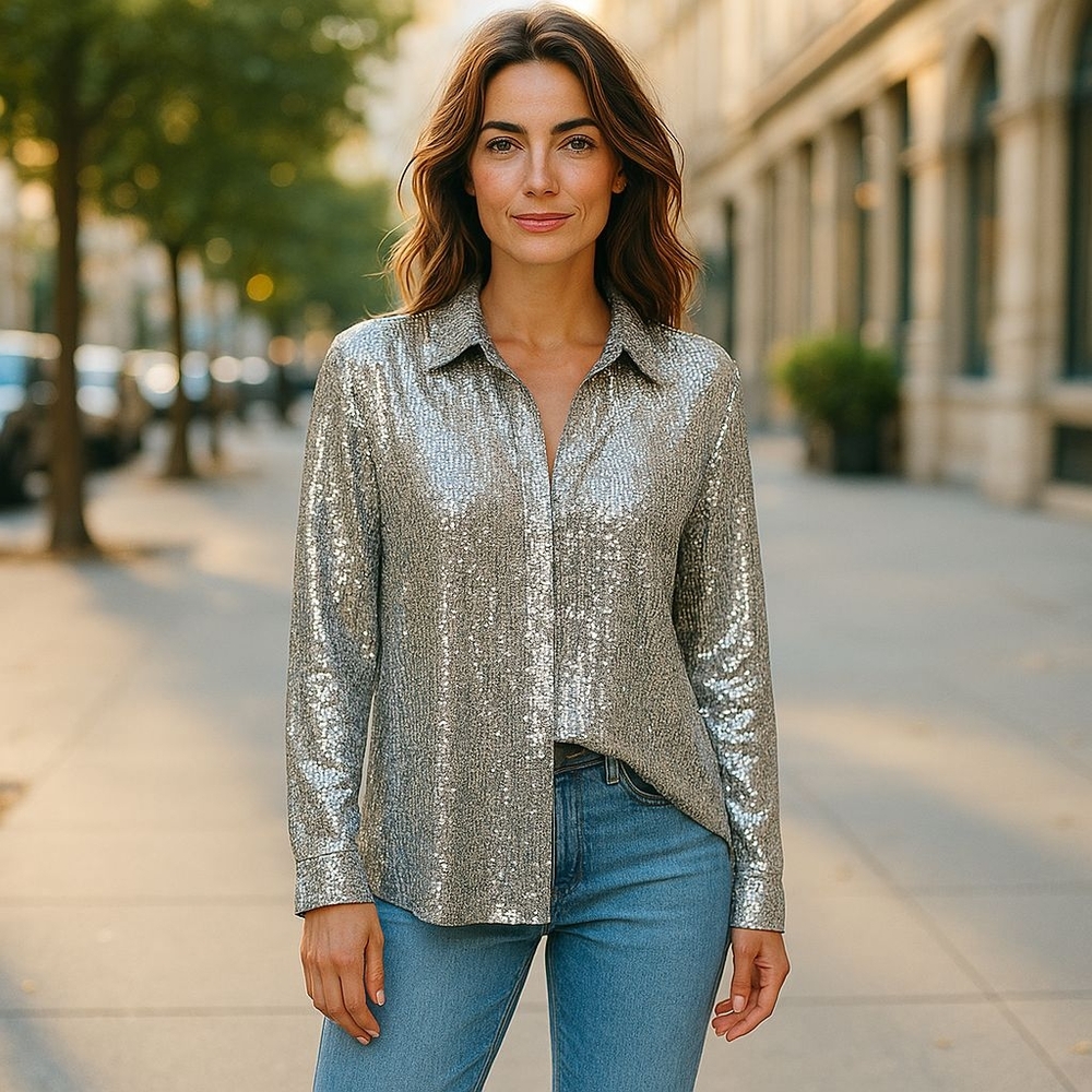 Silver Sequin Oversized Long Sleeve Button Down Shirt